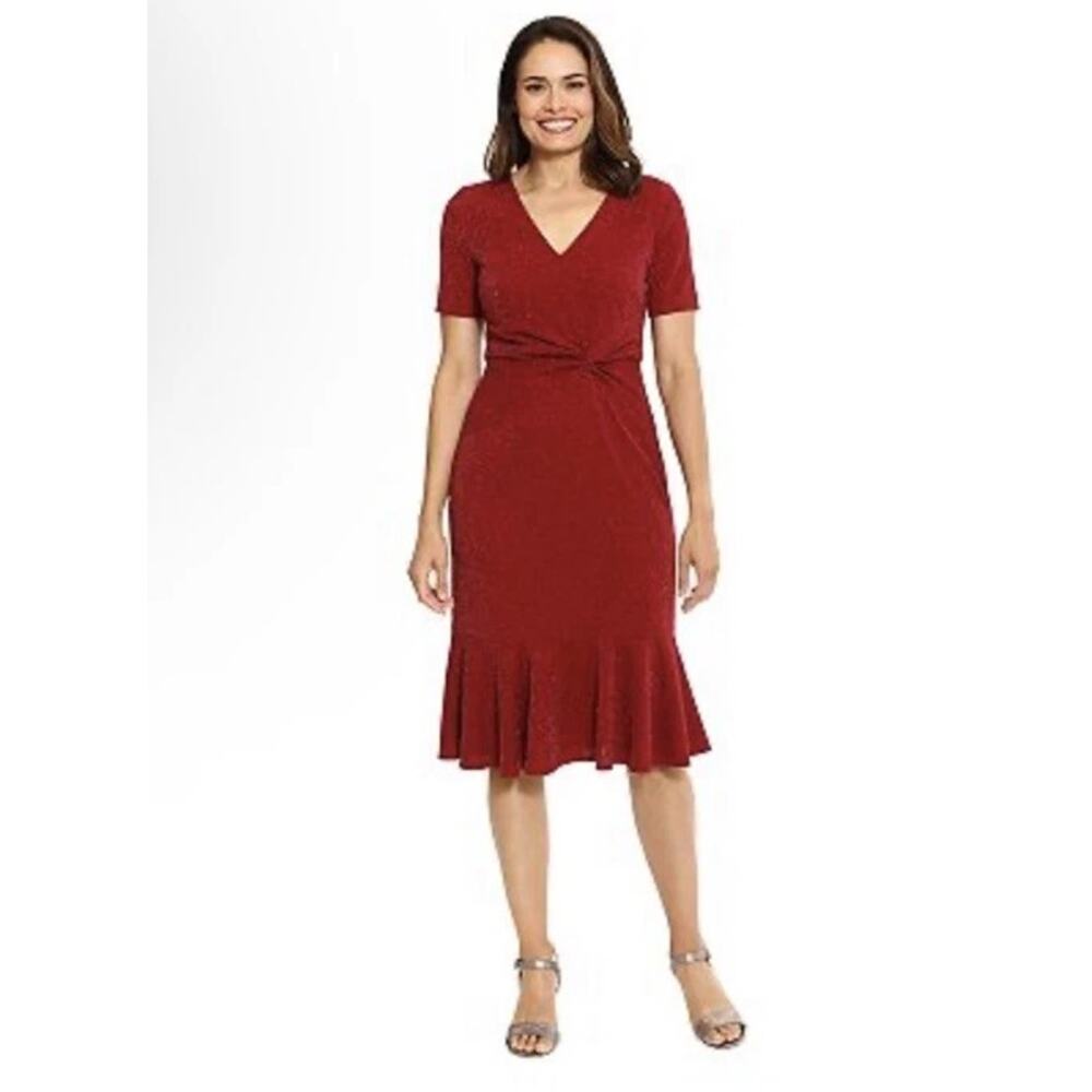 NWT London Times Red Silver Short Sleeve Twisted Knot Midi Dress Women's Size 12